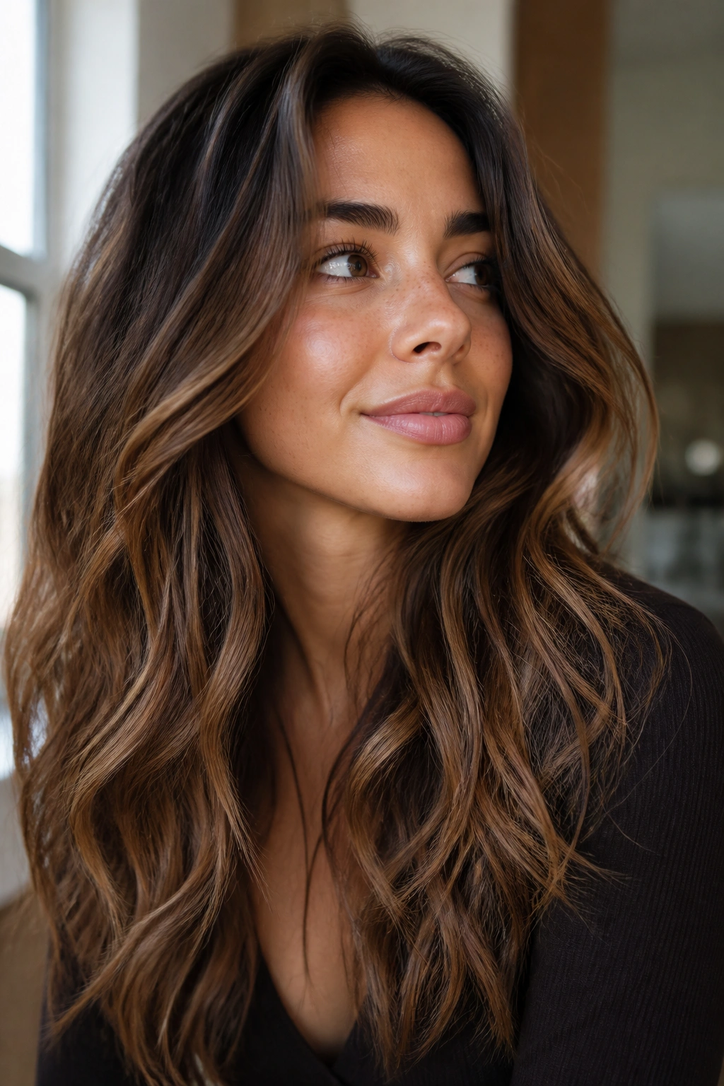 Mocha base hair with floating caramel veils on a real person