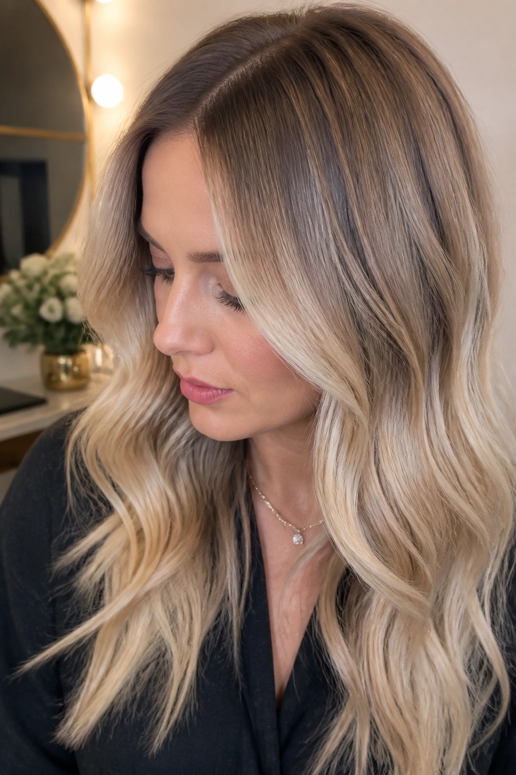 Close-up portrait of a real woman with mocha beige root blending into blonde ends