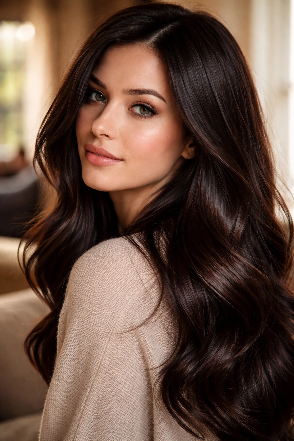 Close-up portrait of a real woman with Mocha-Black Chestnut hair color