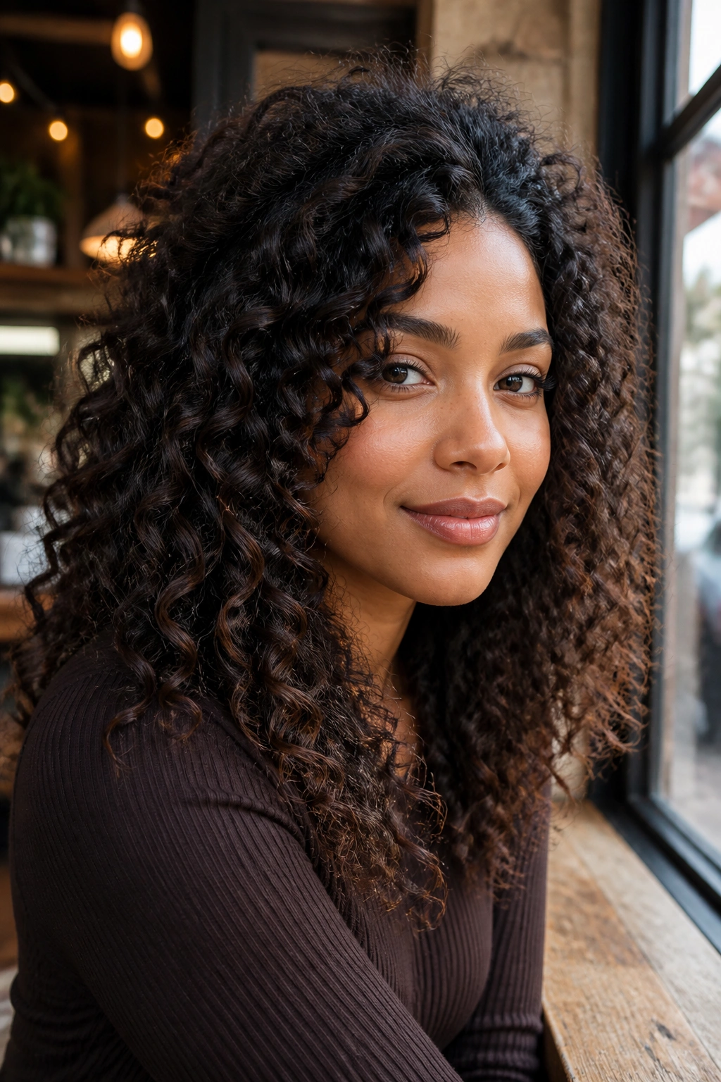 Close-up of a real woman with mocha-black hair and warm tones around the face