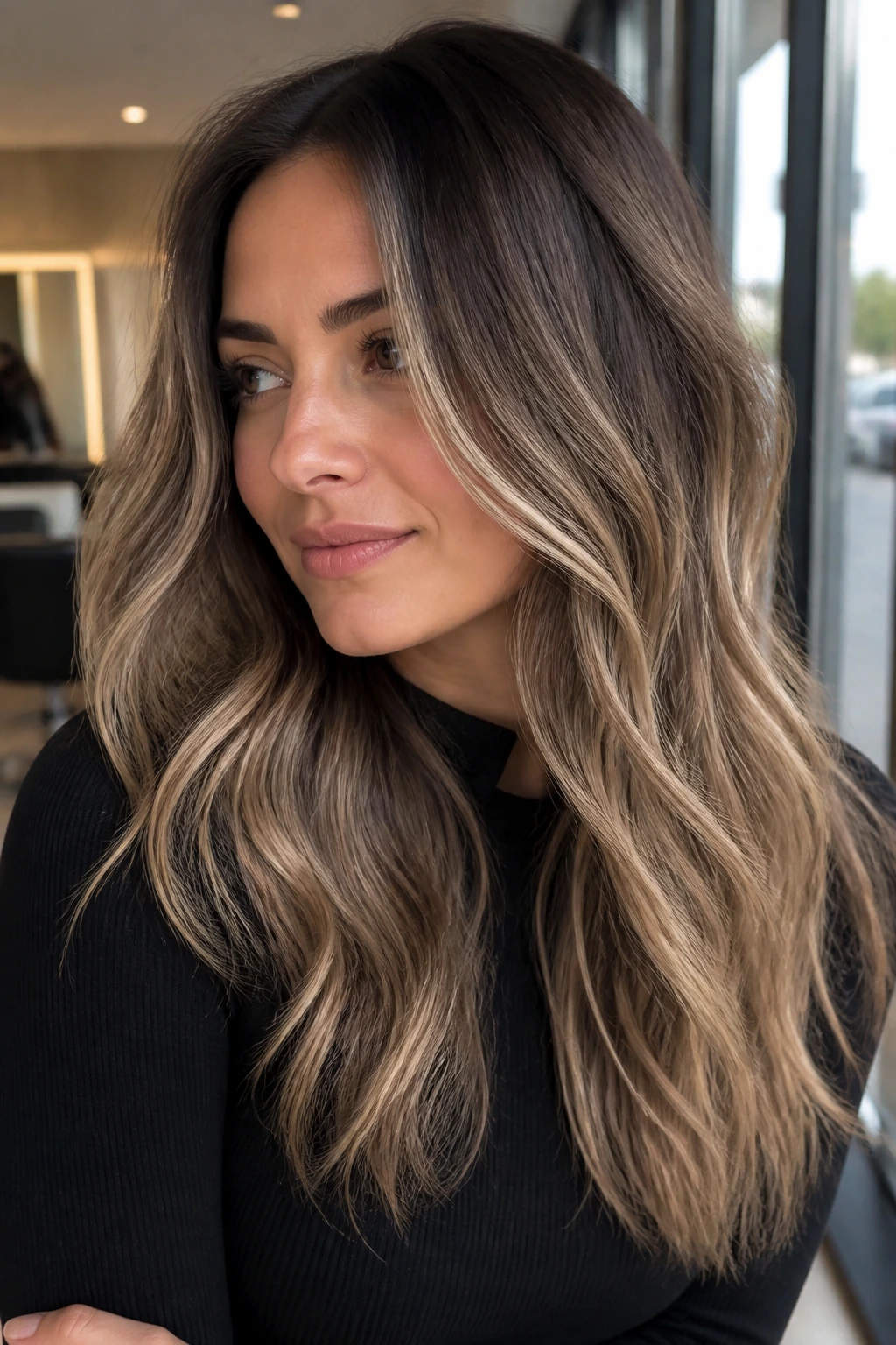Close-up of brunette hair with a seamless mocha-to-blonde melt on a real person