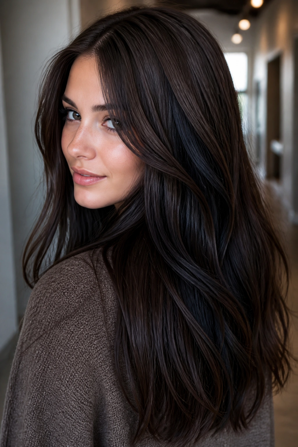 Close-up portrait of a real woman with deep mocha hair and blue-black lowlights for dimensional depth