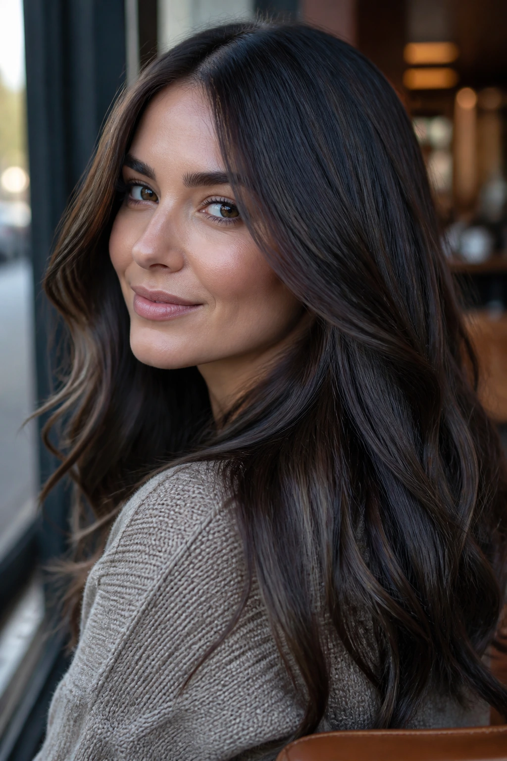 Portrait of brunette with cool mocha shade and blue toner.