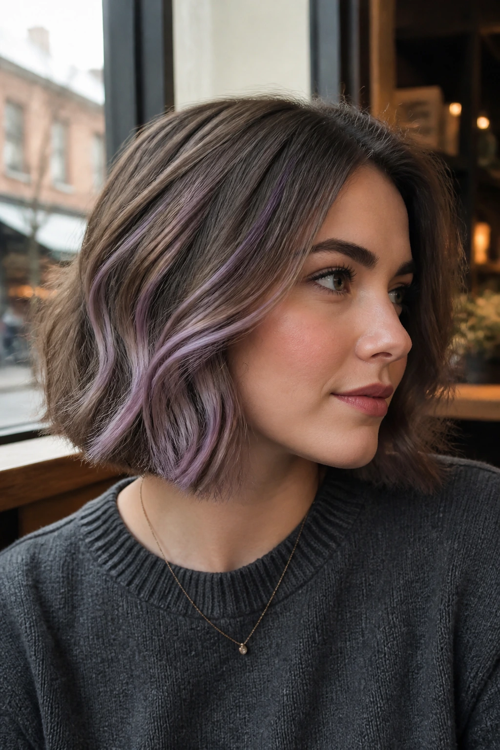 Close-up of a real woman with cool mocha bob and lilac ribbons