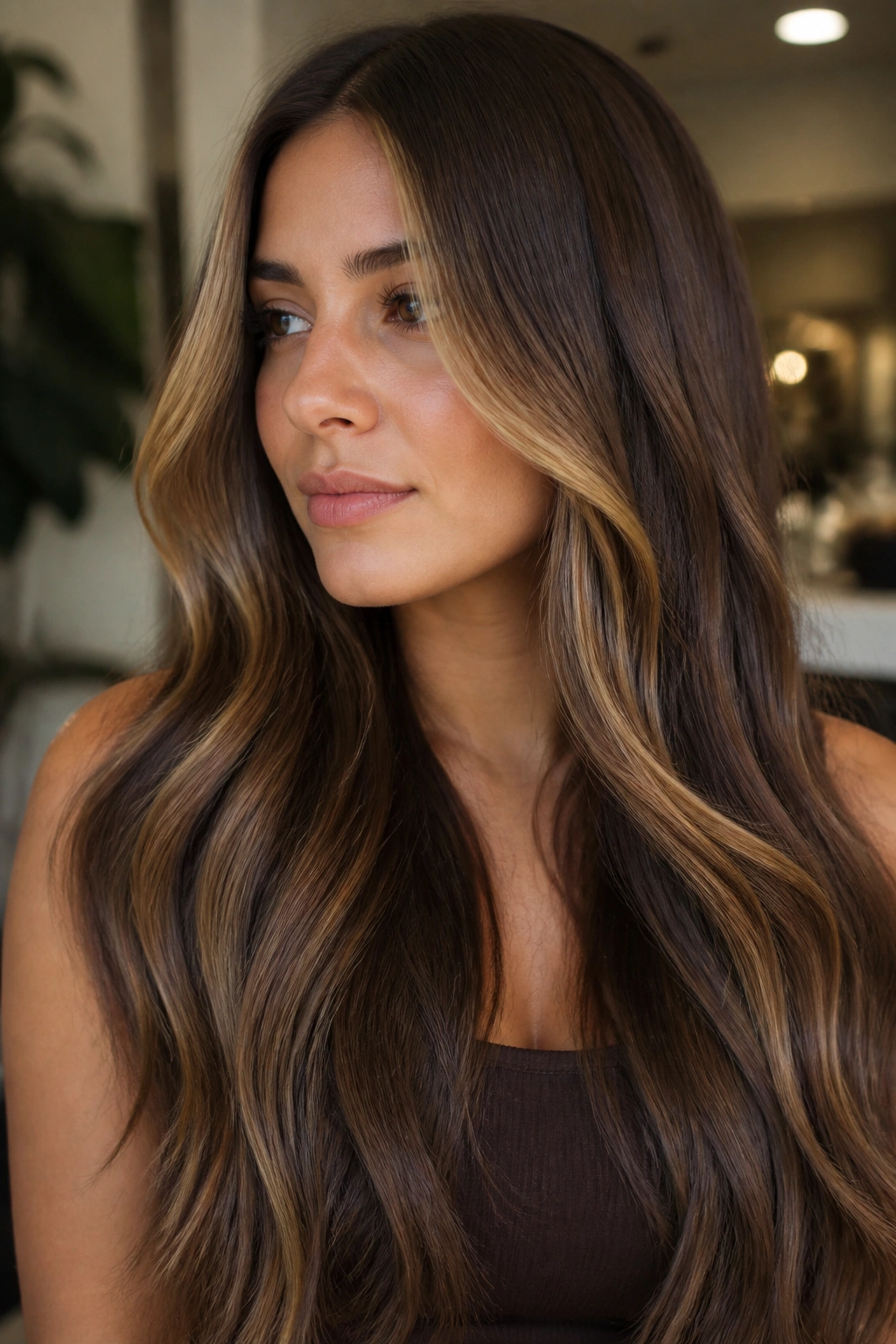 Close-up of mocha brown hair with subtle face-framing bronde on a real person