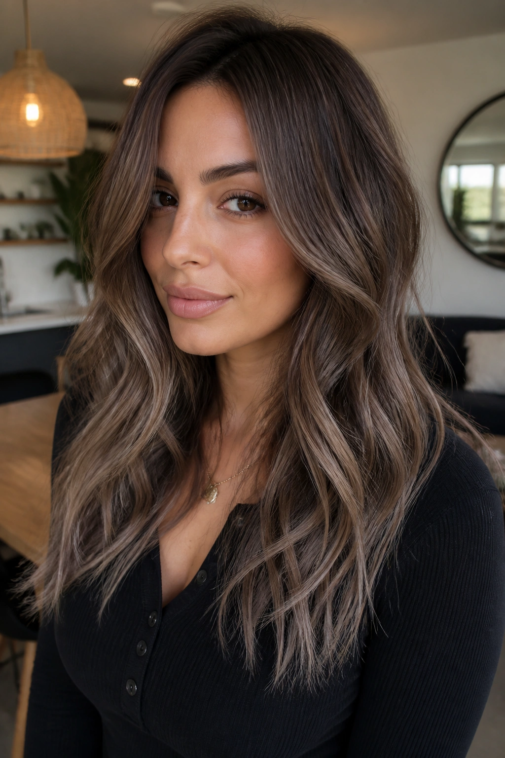 Medium-close portrait of a real woman with mocha bronde and smoky ends in loose waves