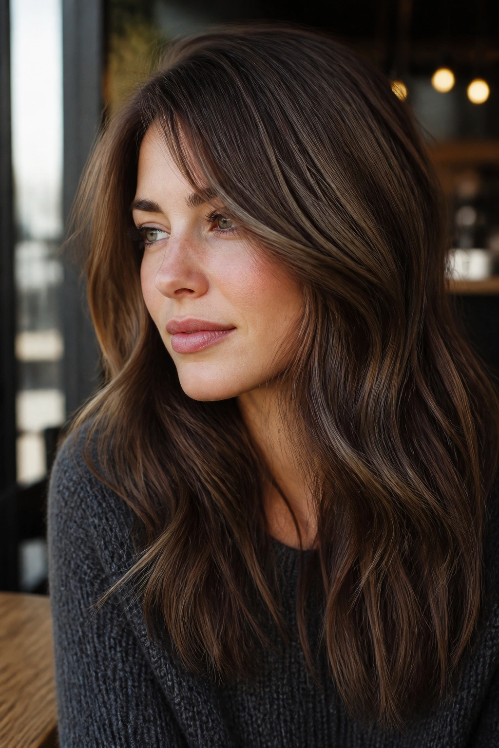 Close-up of a woman with mocha brown hair and ash lowlights for depth