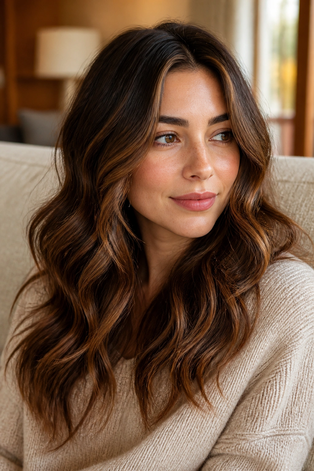 Mocha brown hair with soft babylights on a real person