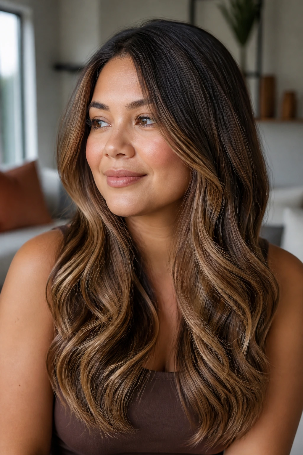 Real woman close-up with mocha brown hair and sandy caramel balance in soft daylight