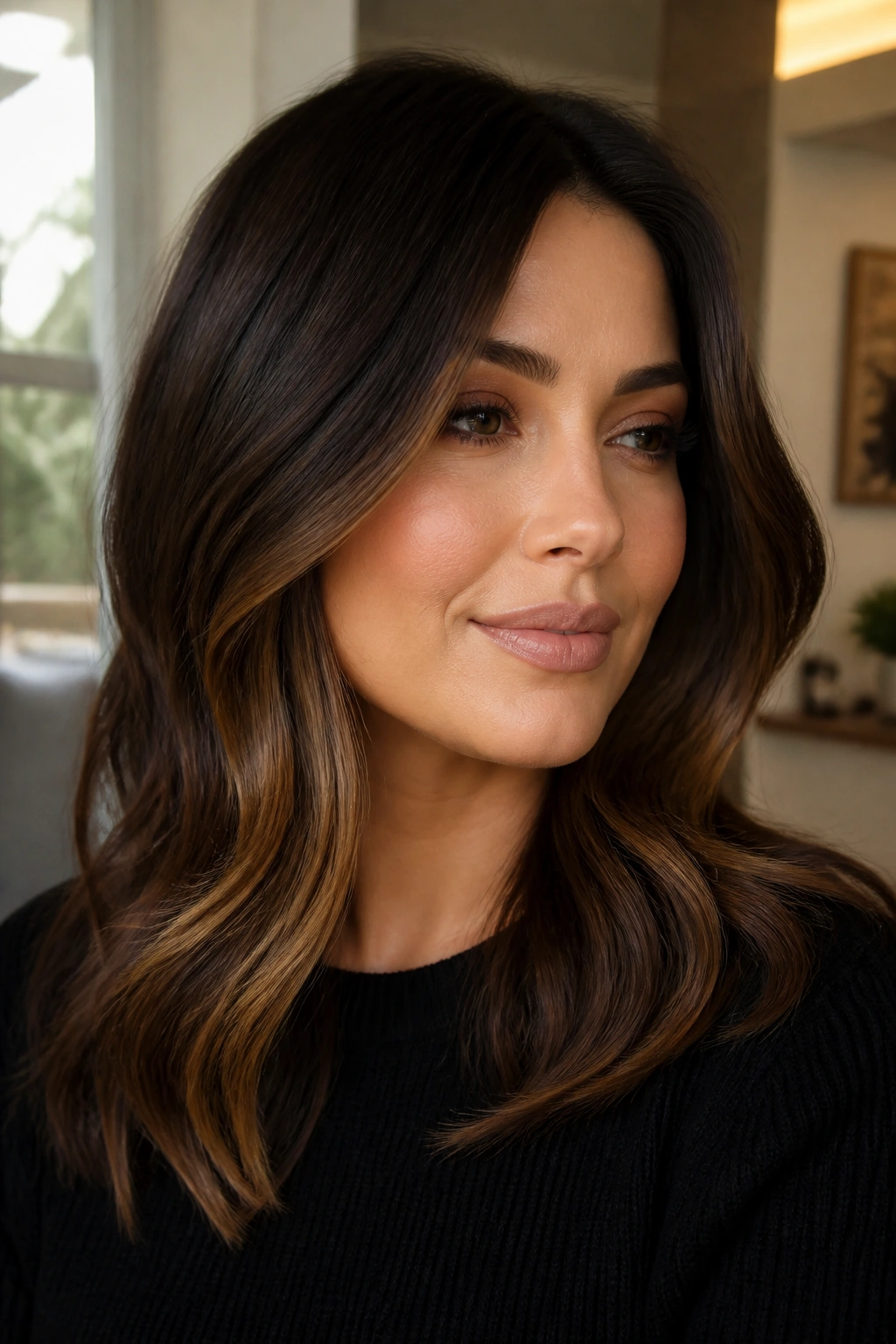 Close-up of a real woman with deep mocha brown hair and caramel around the jawline