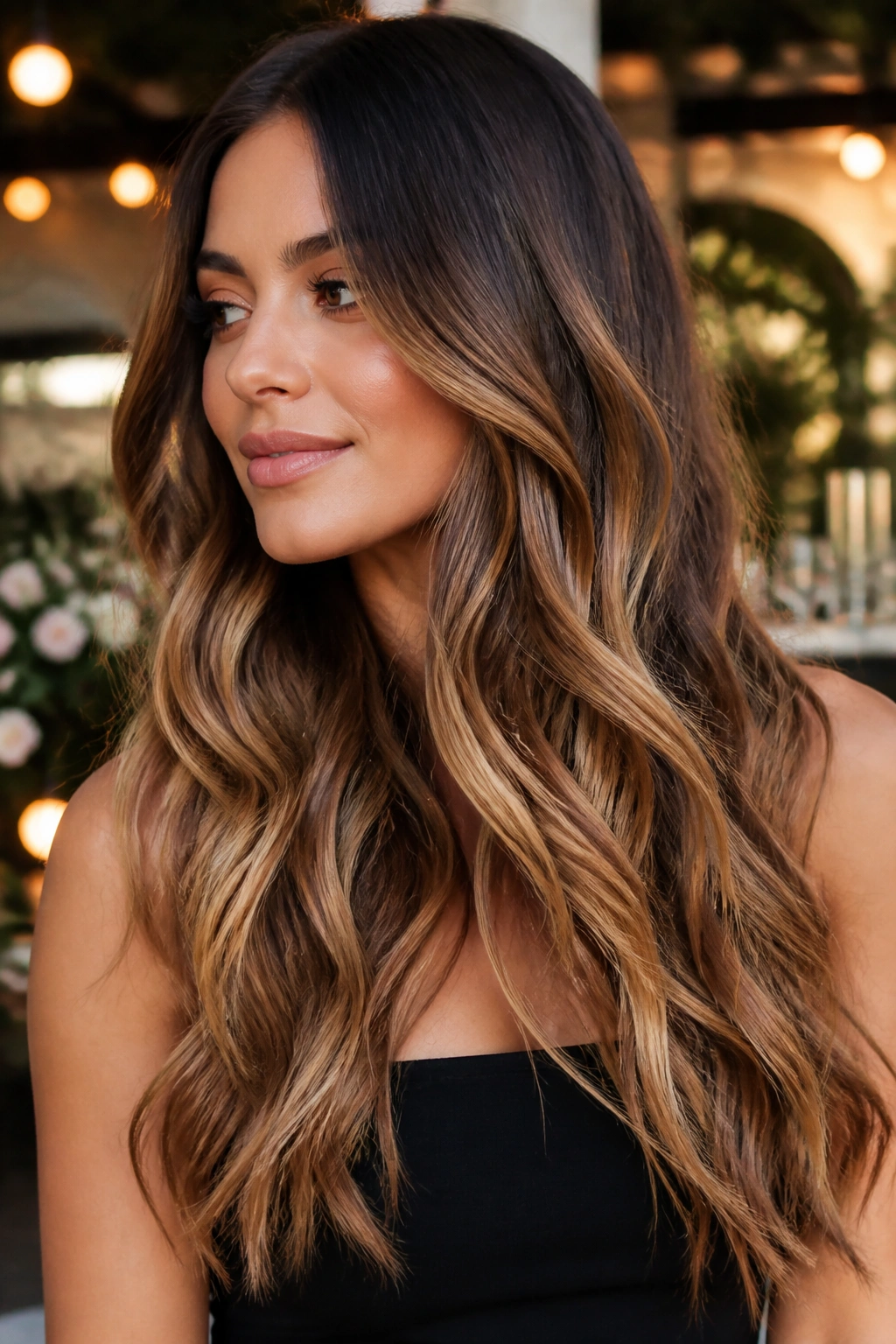Close-up of mocha brown to caramel ombre in loose curls on a real person