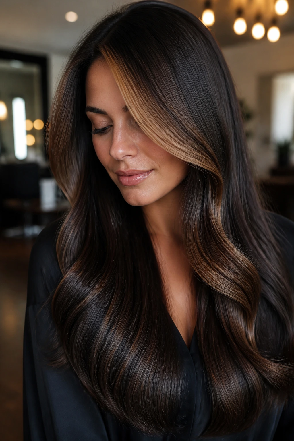 Real person with glossy mocha brown hair and a caramel sweep