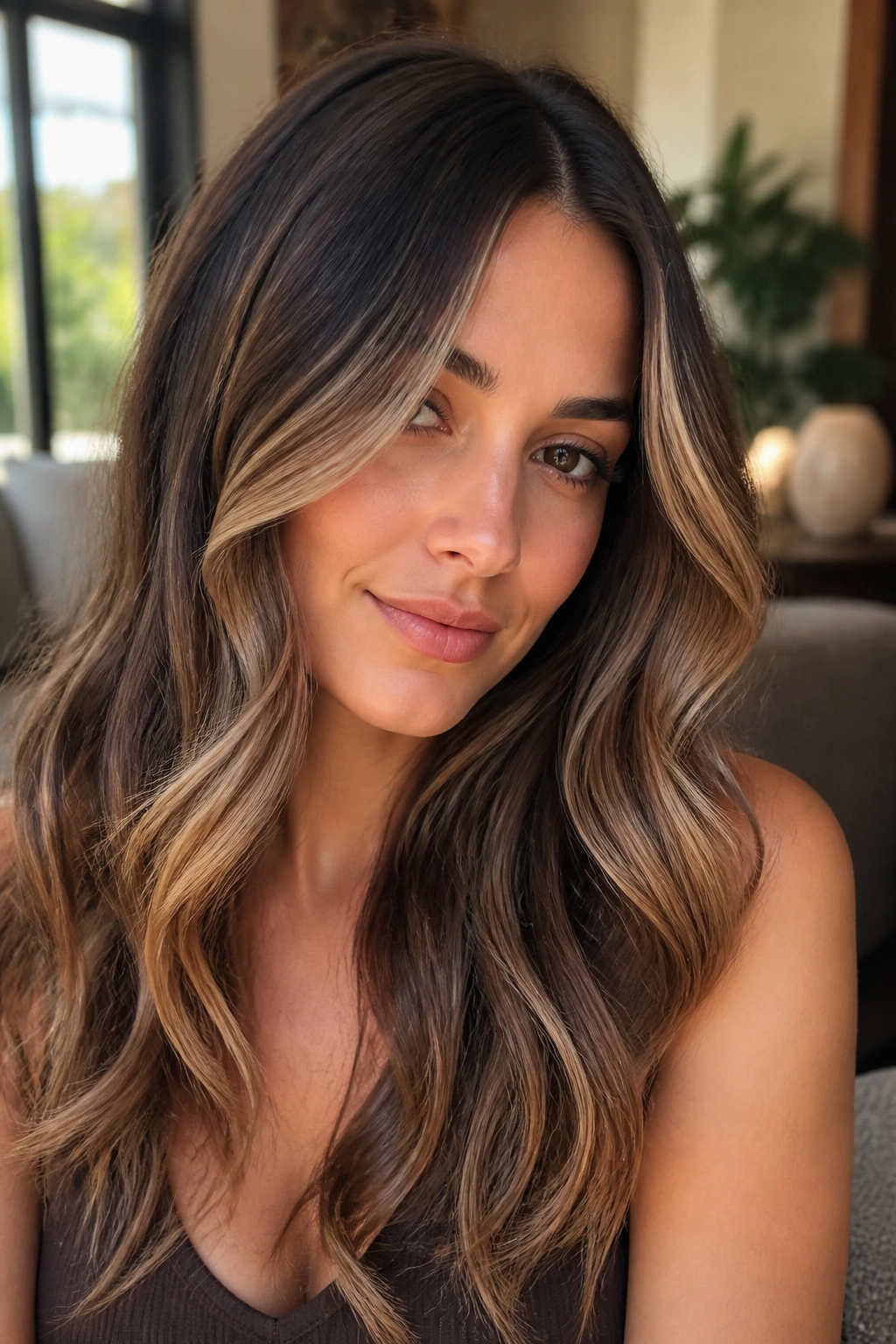 Close-up portrait of a woman with mocha brown base and champagne veil balayage around the face.
