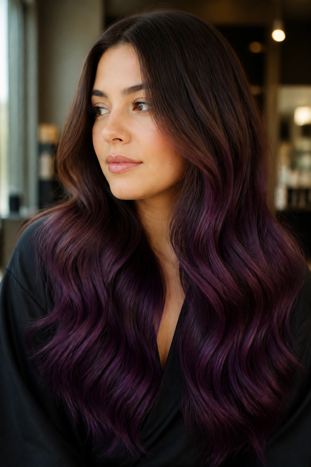 Close-up of a real woman's hair showing mocha brown to eggplant ombre with dark roots fading to purple ends
