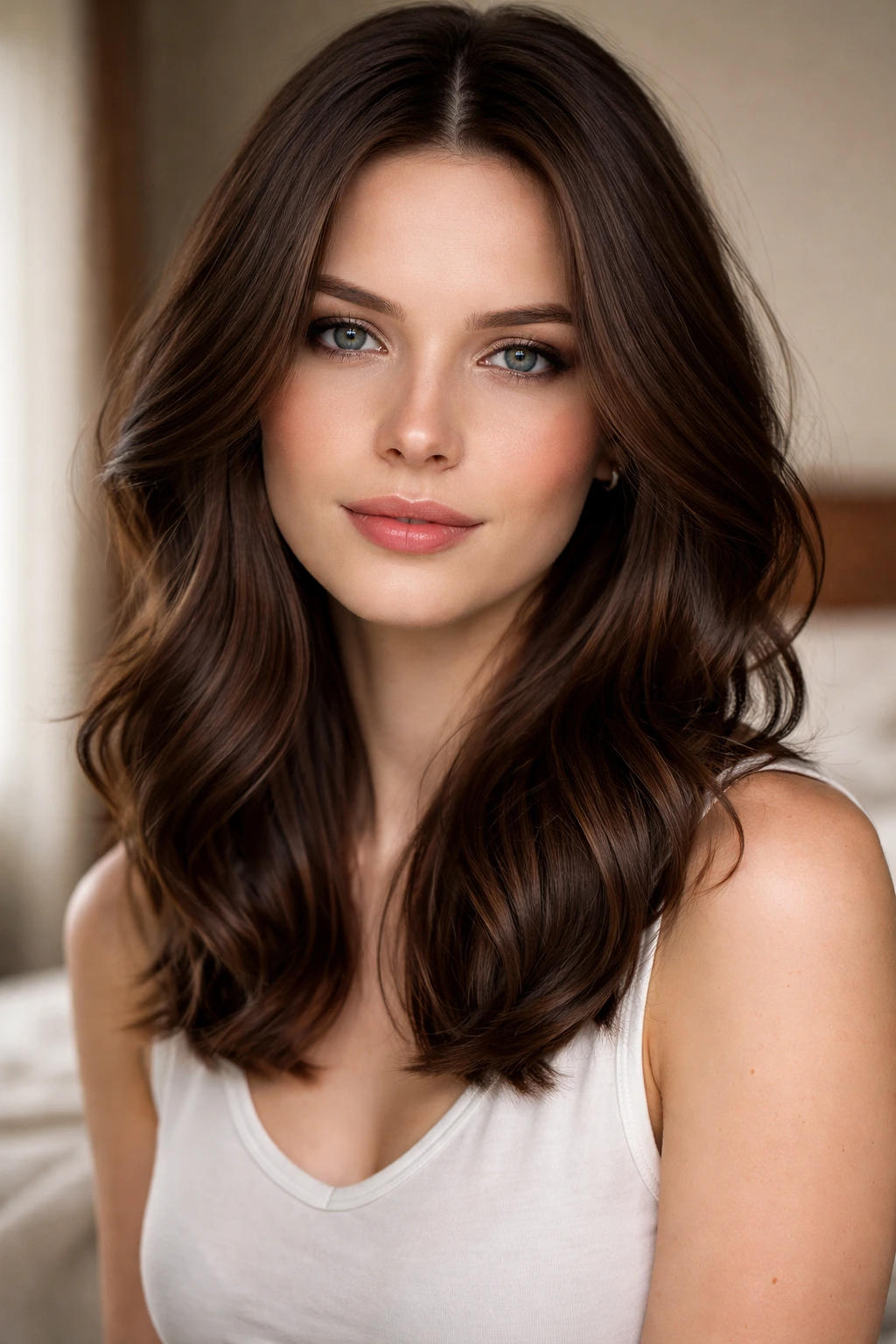 Close-up of a real person with mocha brown hair in natural window light