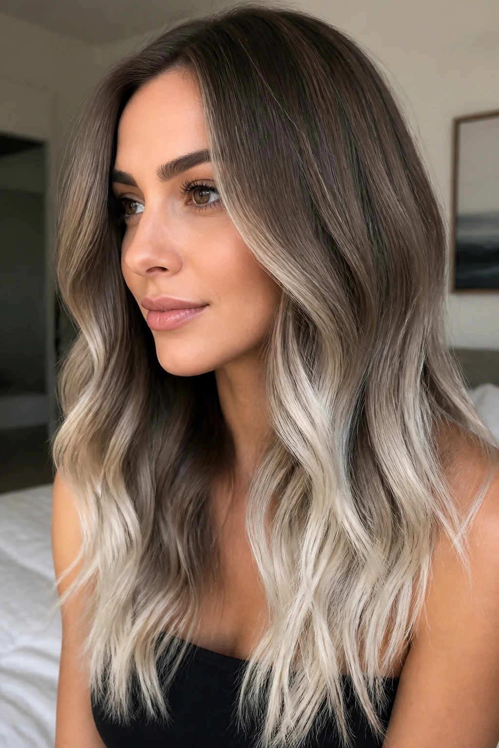 Close-up of mocha brown hair fading to icy ends