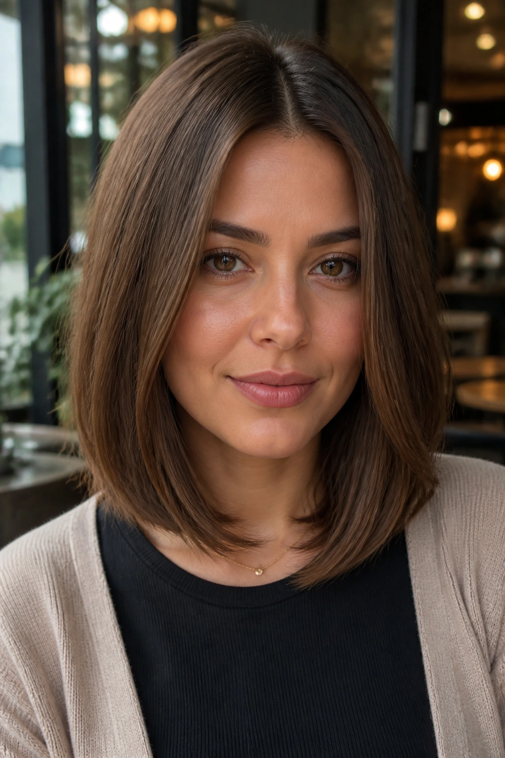 Real woman with mocha brown lob and center part in urban cafe lighting