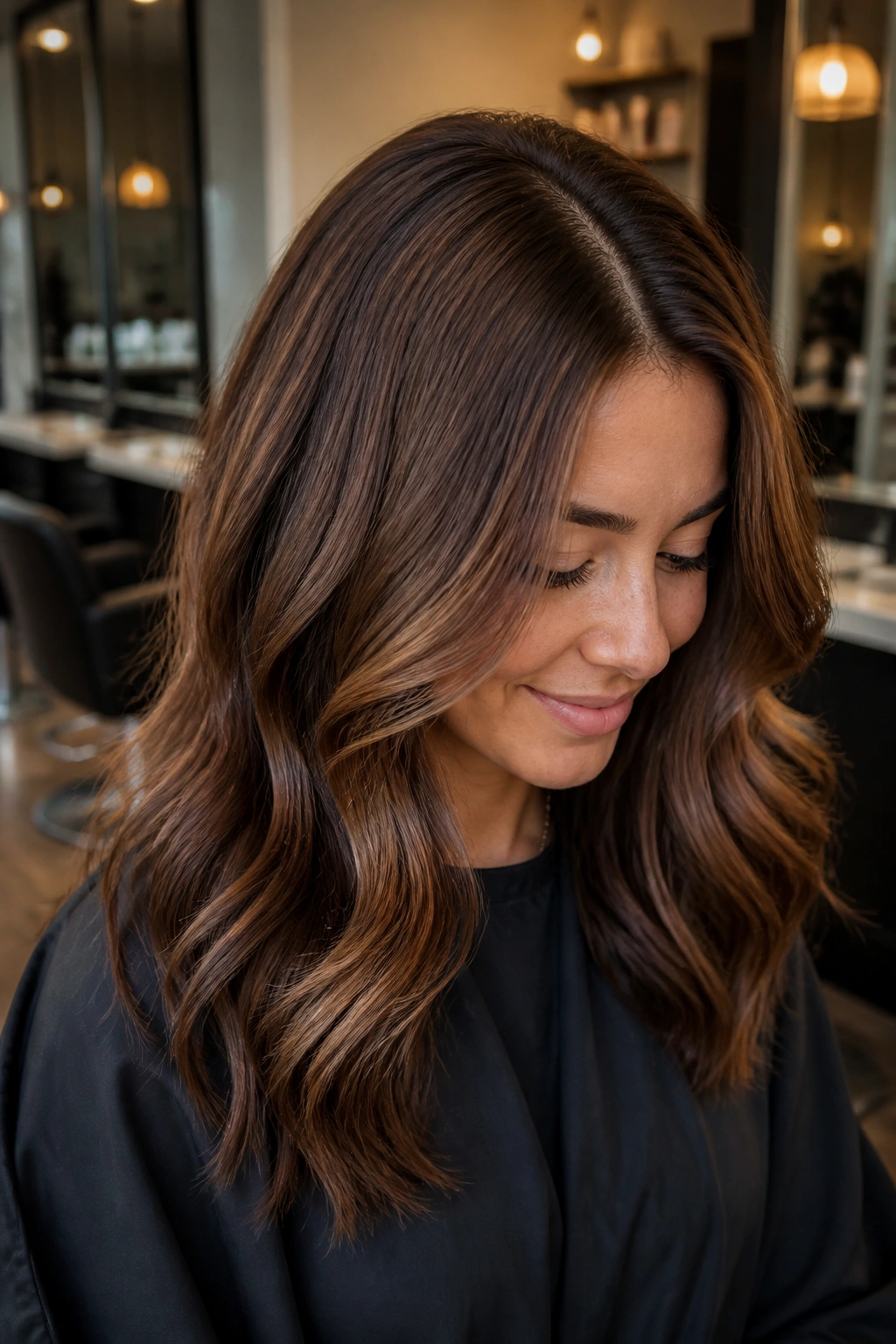 Close-up of a real woman with mocha brown hair and darker root shadow