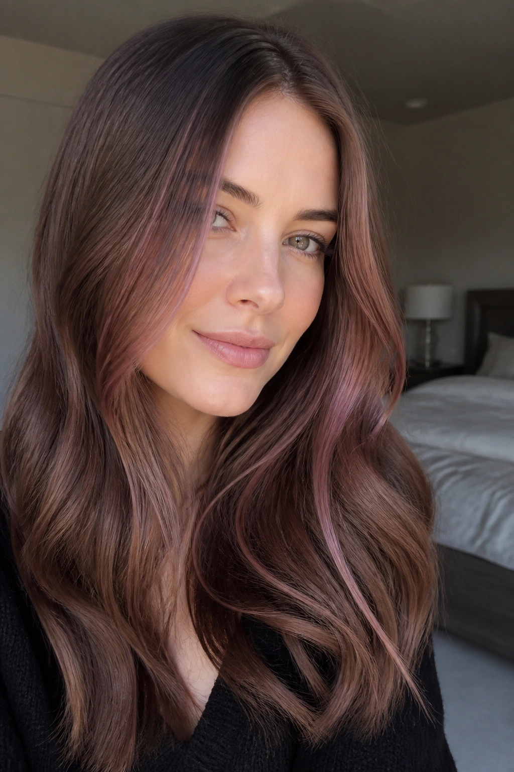 Close-up portrait of a real woman with iced mocha brown hair and rose lowlights.