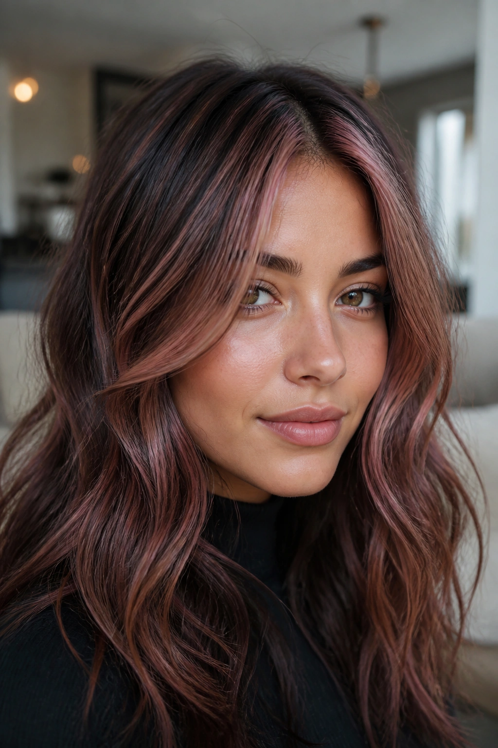 Close-up of a real woman with mocha brown hair and rose veil pink highlights near the crown.