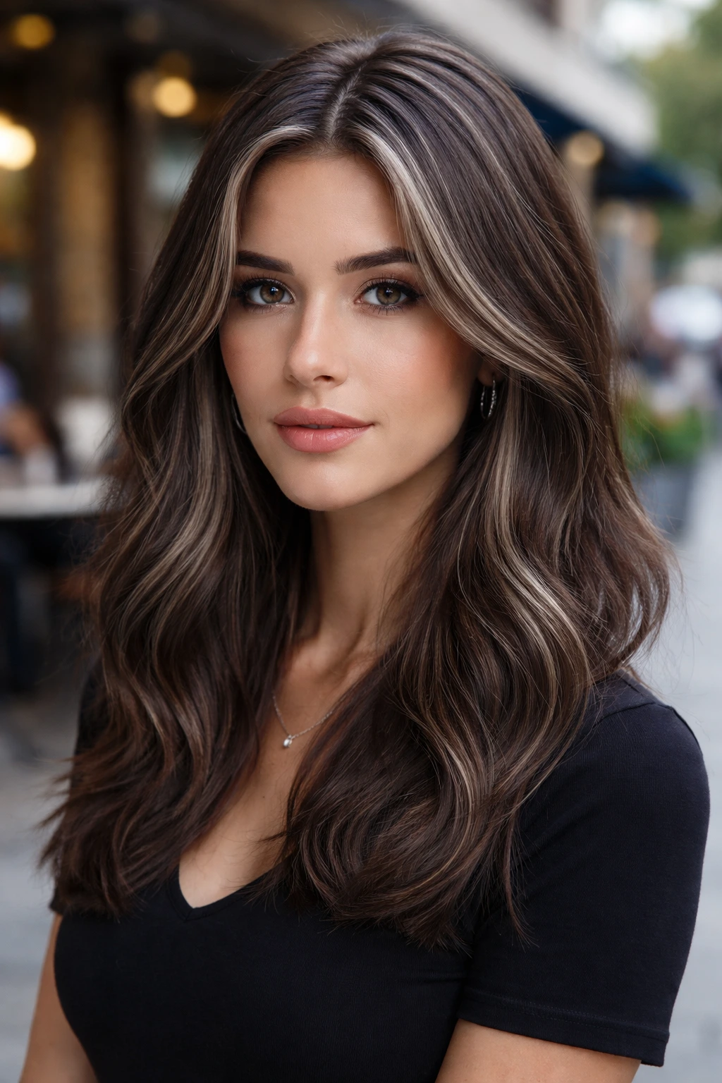 Woman with mocha brown hair and silver-brown streaks in a close-up portrait.