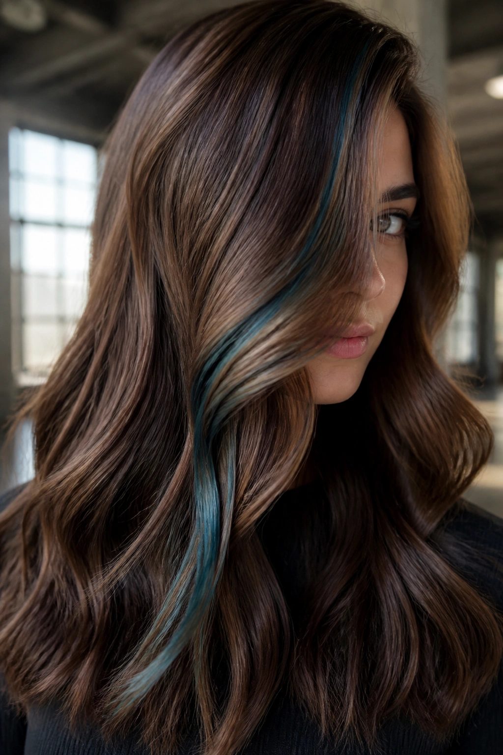 Mocha hair with teal-blue seam on a real person