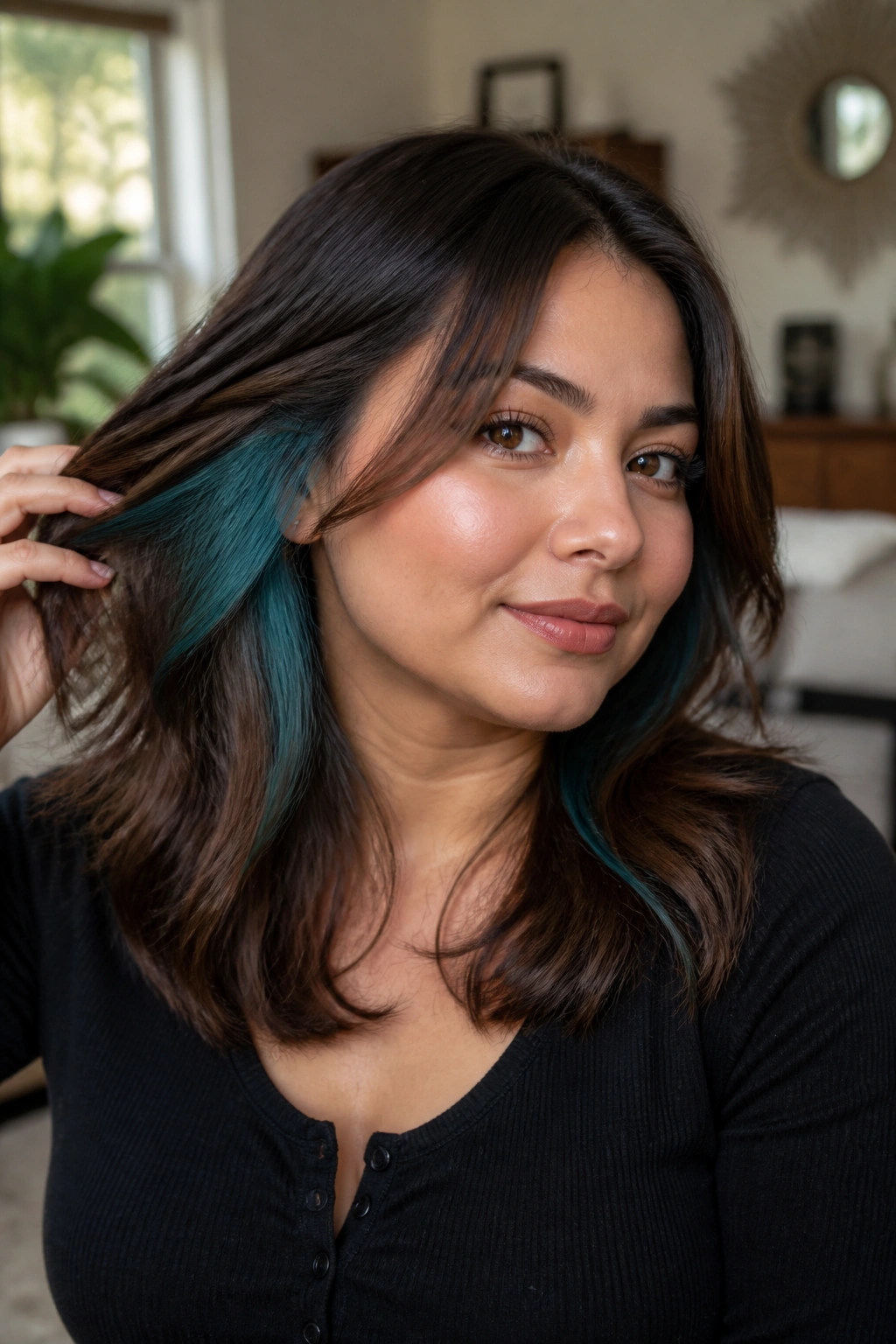 Real person with mocha brown hair and teal peekaboo panels visible as the hair moves.