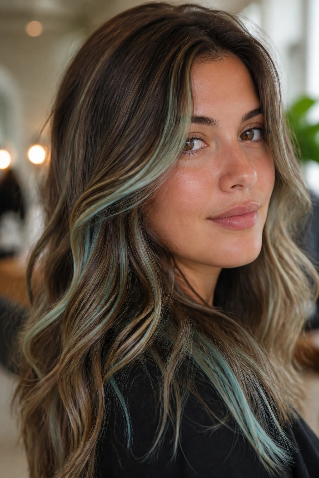 Mocha brown hair with teal-tinted blonde ribbons in a warm room