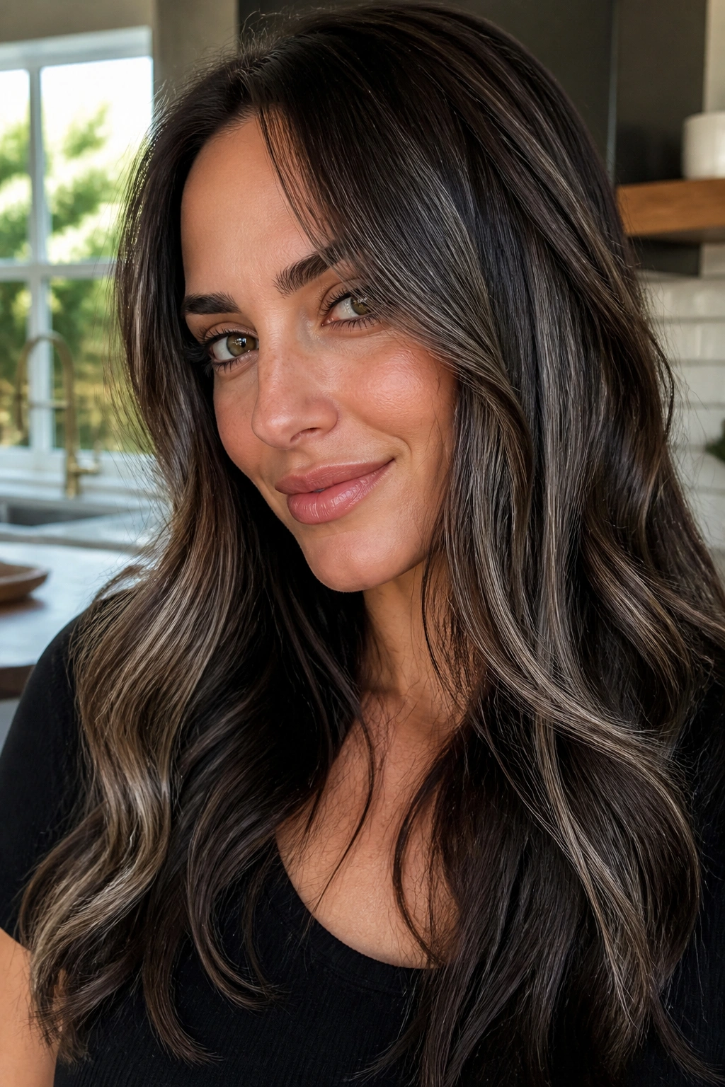 Close-up of a real woman with mocha brunette base and steel-gray midlights in hair