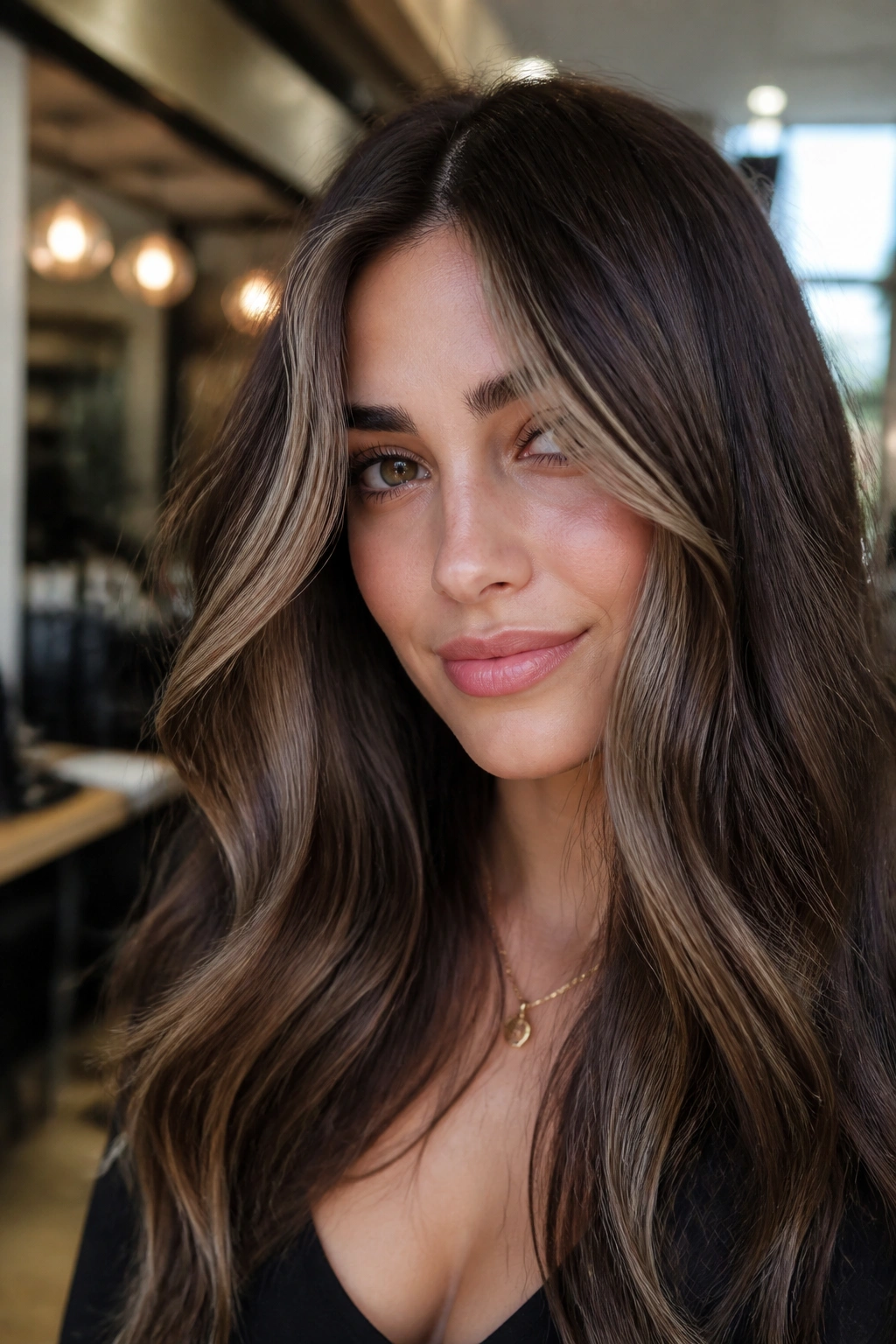 Portrait of a mocha brunette with taupe money piece framing the face.