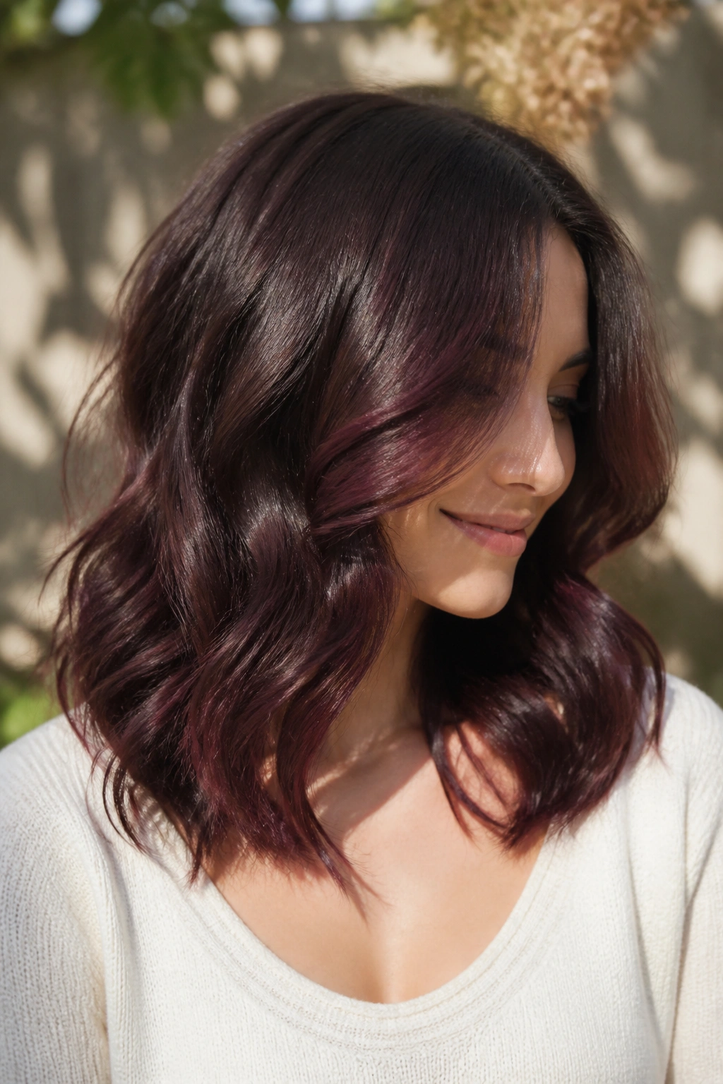 Close-up of a real person with Mocha Brown with Burgundy Balayage hair.