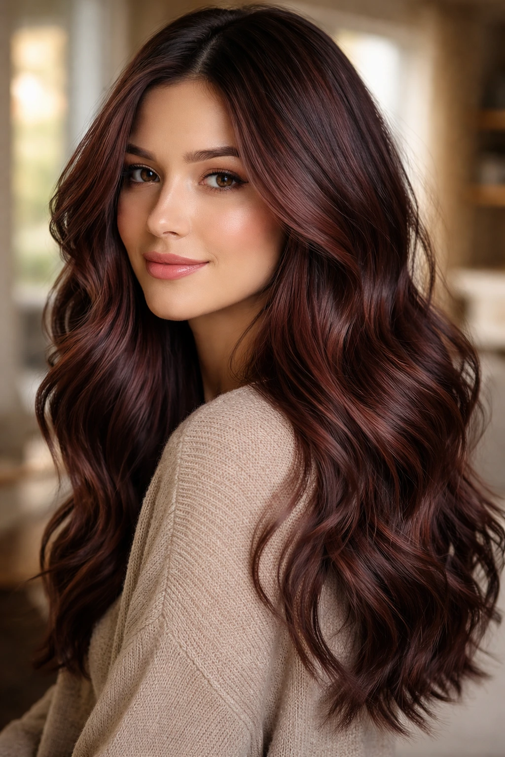Close-up of real person with mocha-burgundy hair blend and soft waves in natural window light