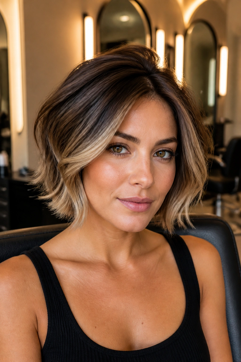 Close-up of short hair with mocha base and butter blonde ends