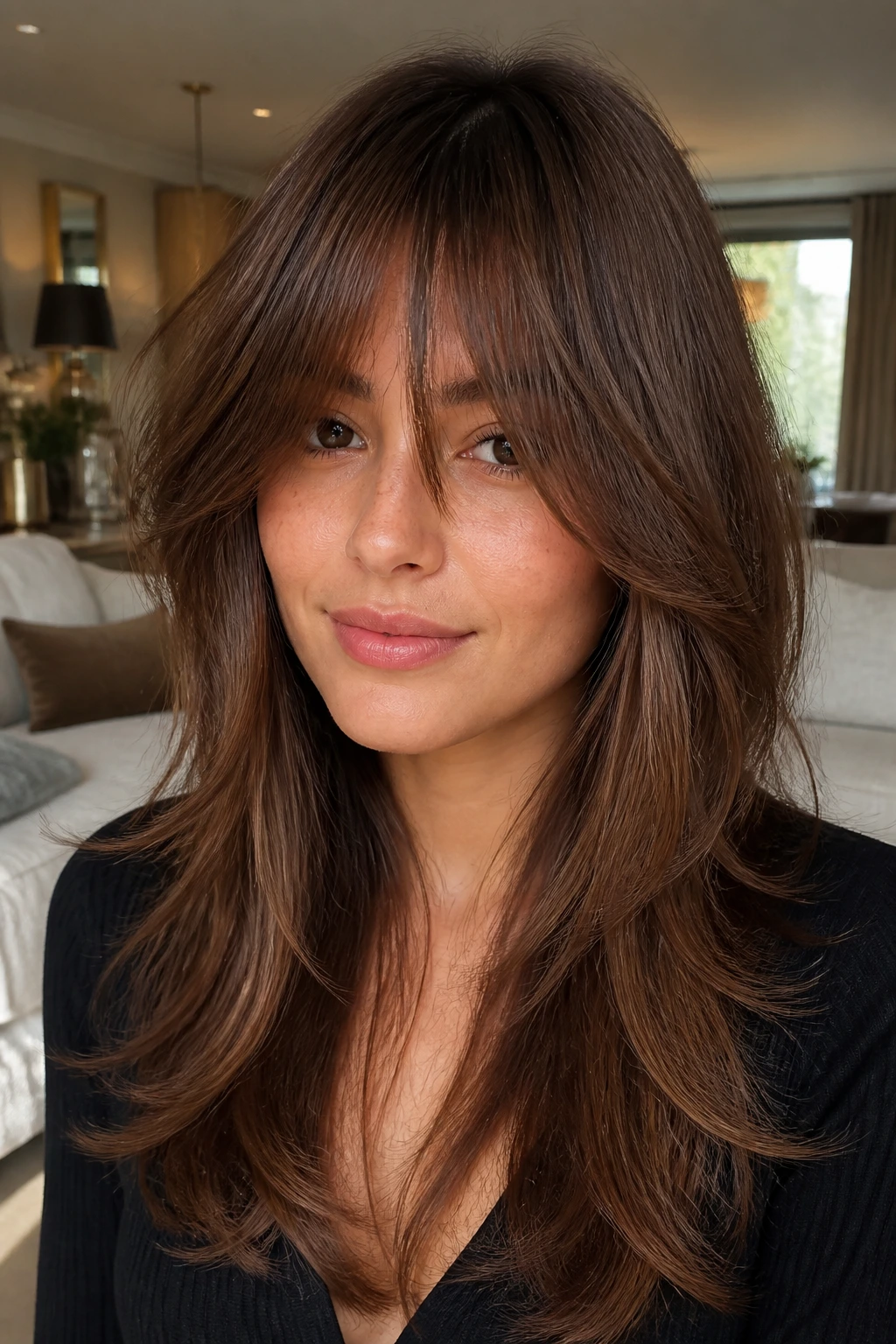 Close-up portrait of a real woman with mocha butterfly layers and long fringe