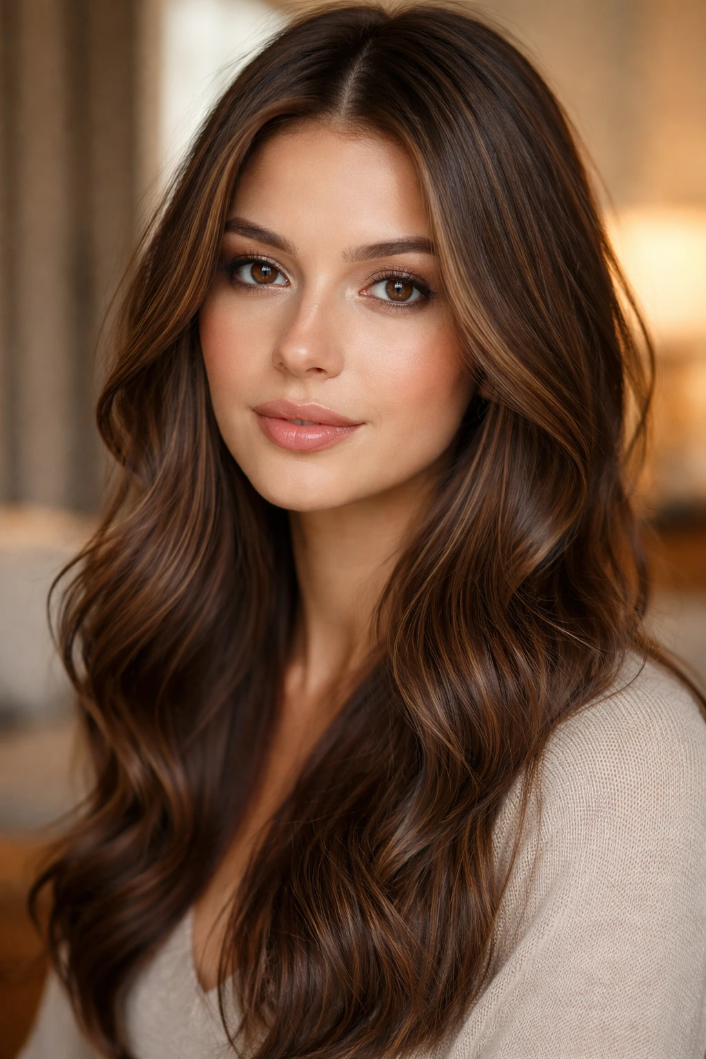Close-up portrait of a real woman with subtle mocha-caramel babylights on brunette hair.