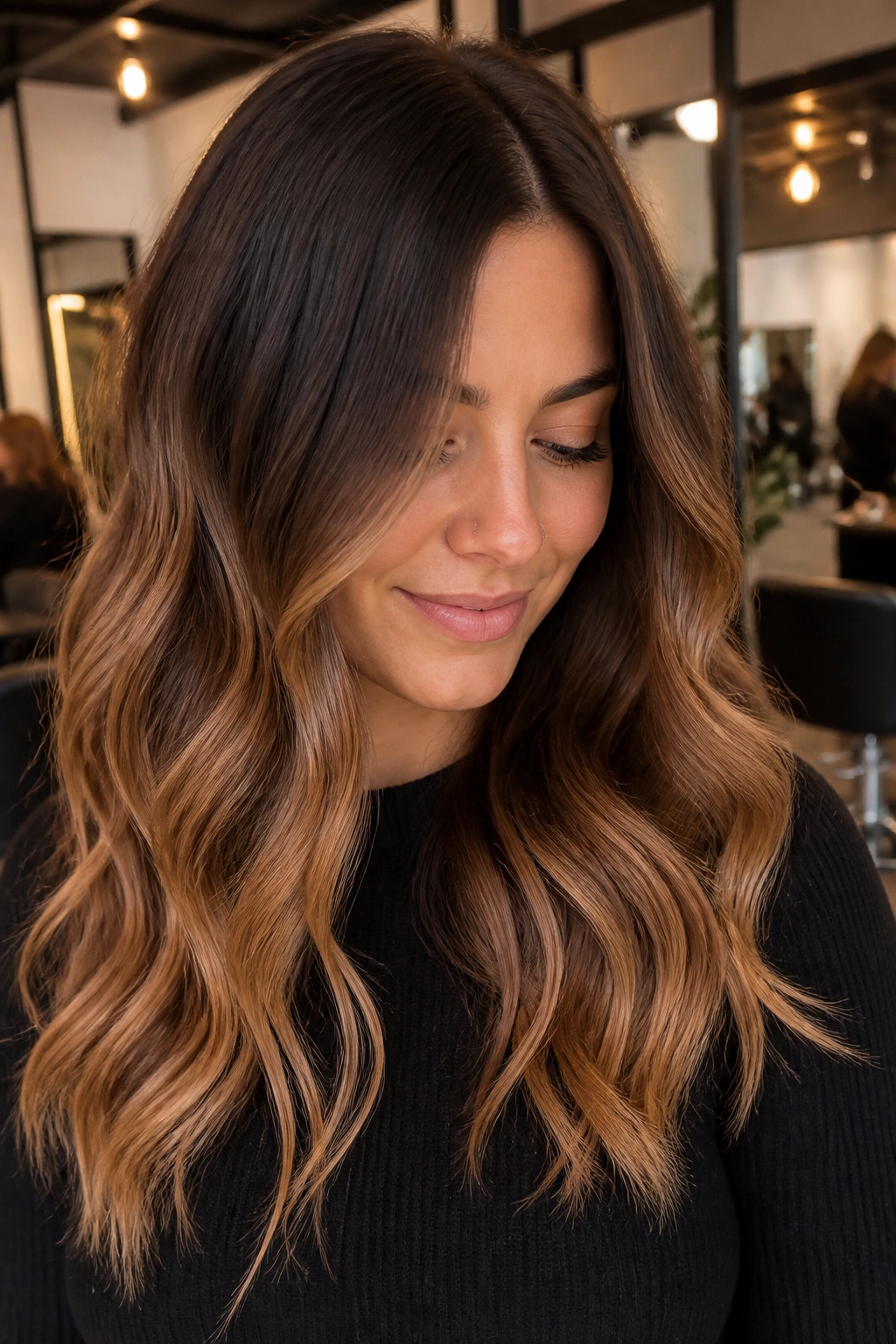 Close-up of mocha-to-caramel balayage melt on real person's hair