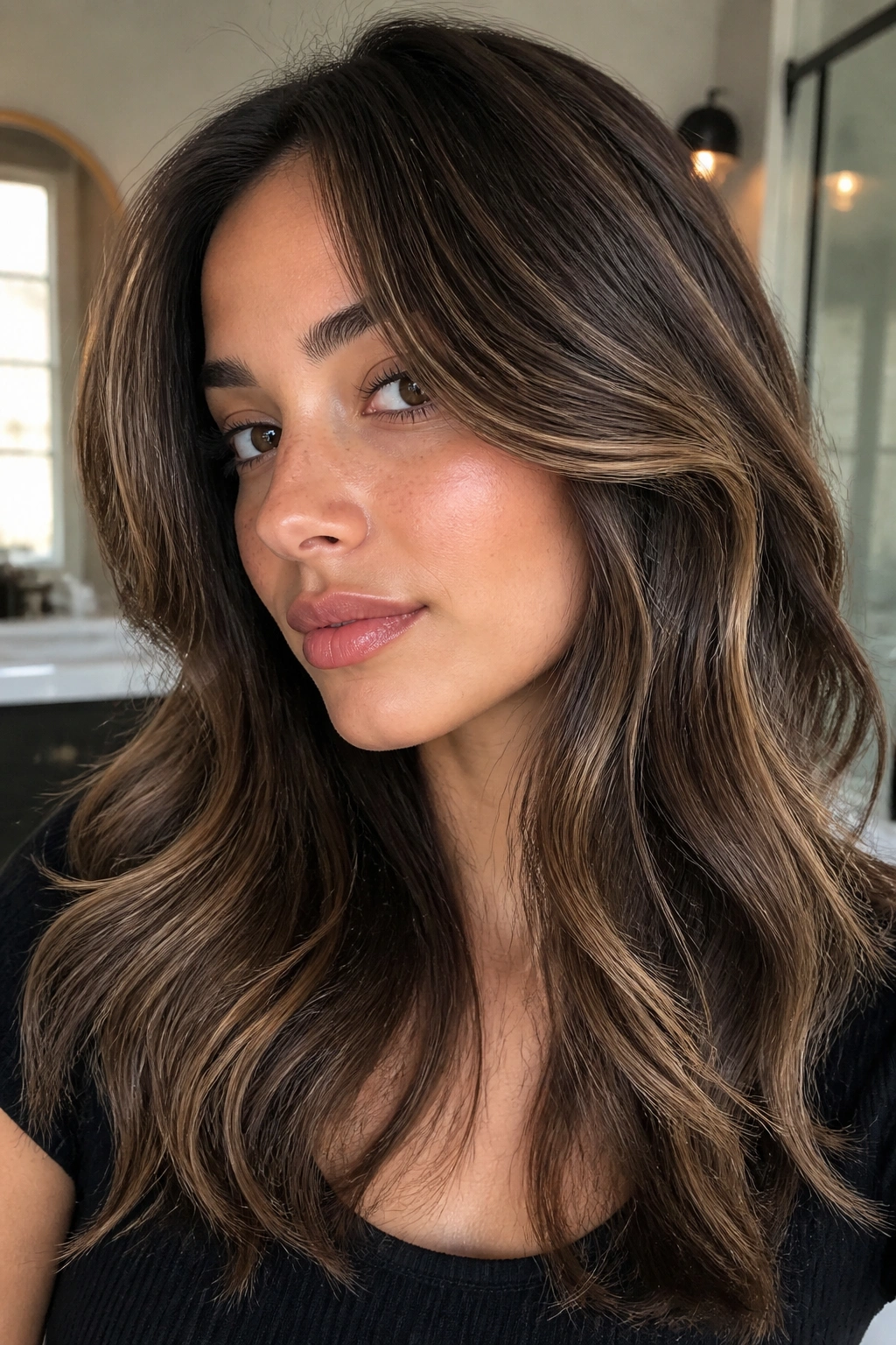 Close-up of a real woman with mocha caramel dimensional brunette