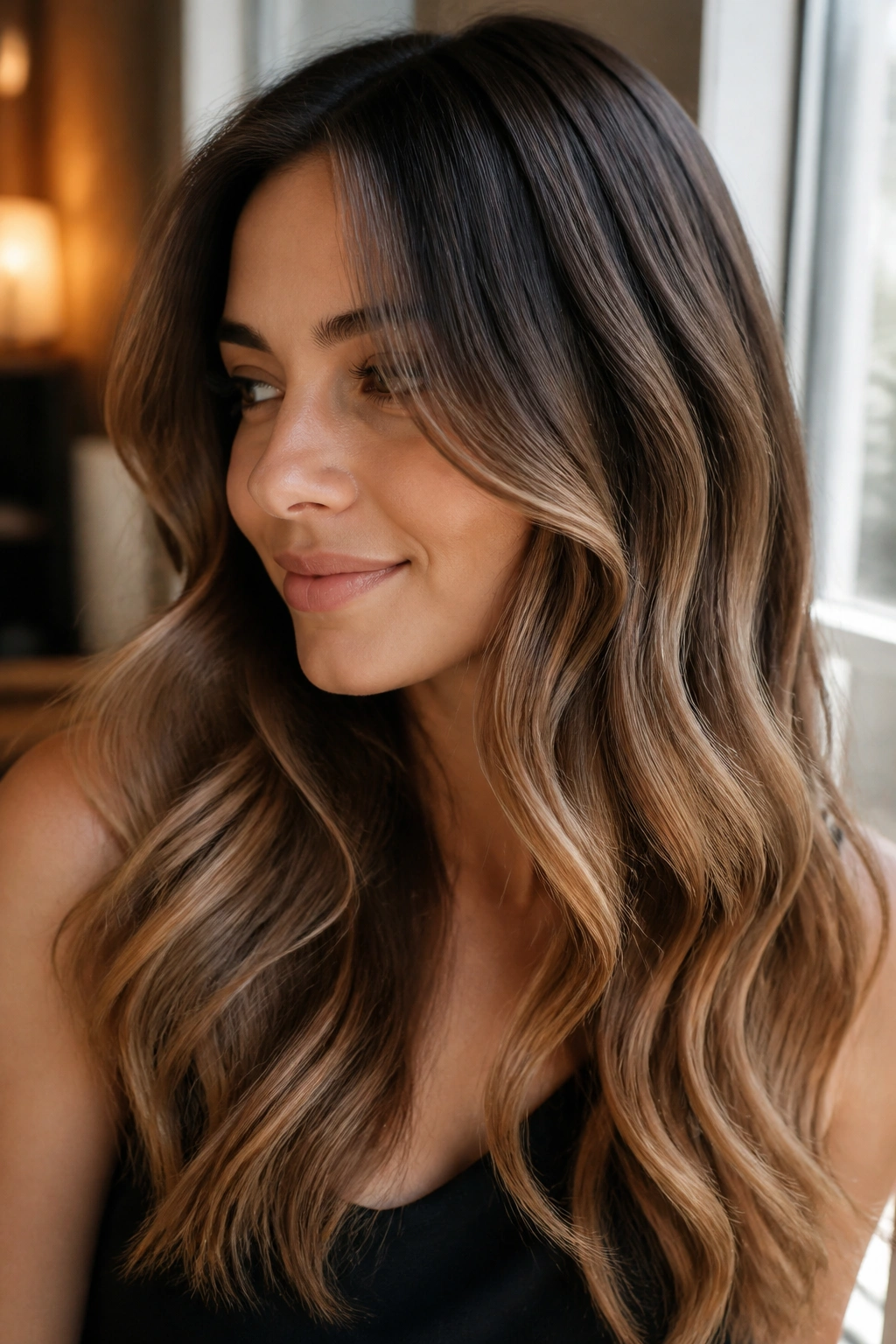 Close-up of brunette with mocha-root to caramel-end gradient
