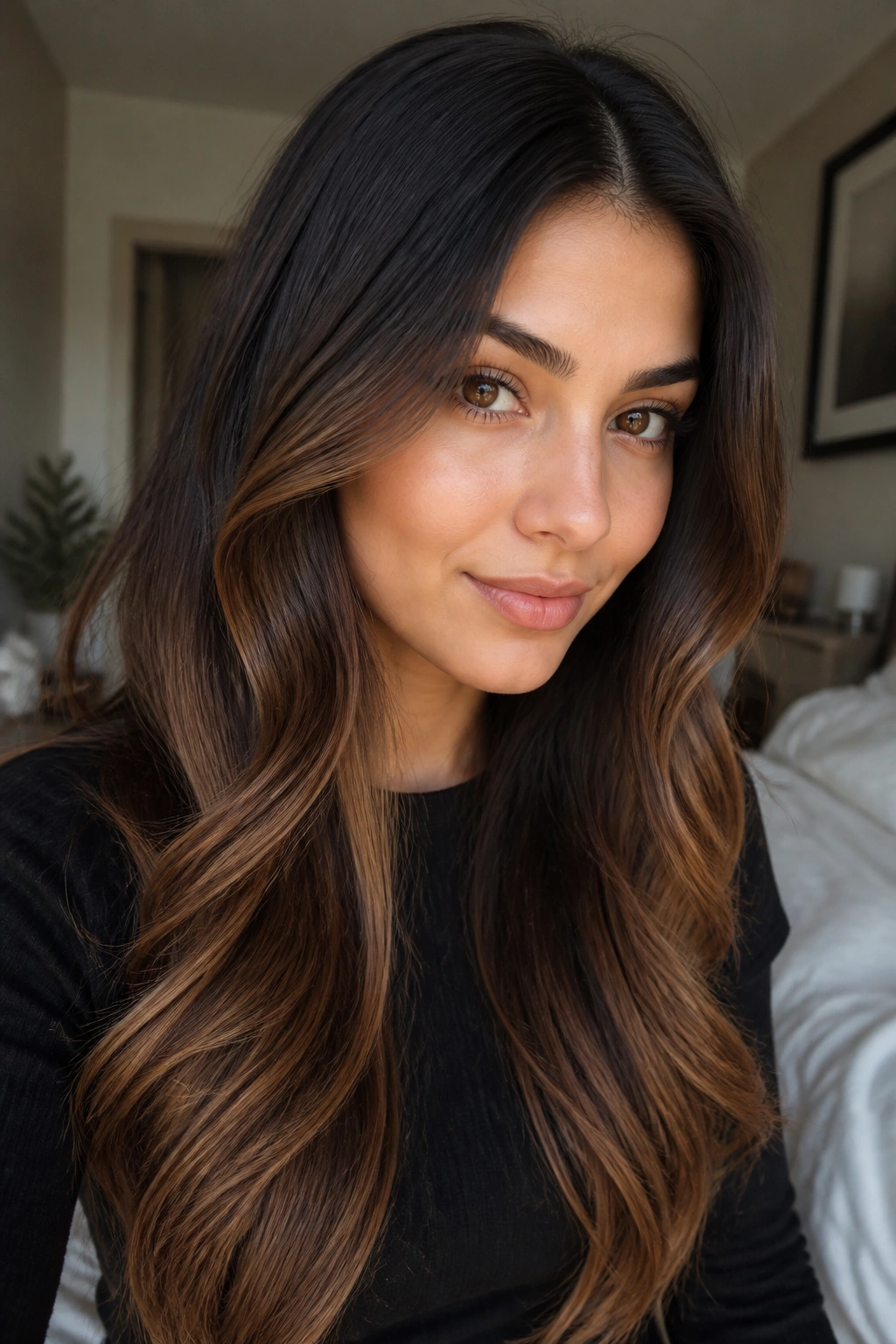 Close-up of a dark-haired woman with subtle mocha-to-caramel ombre
