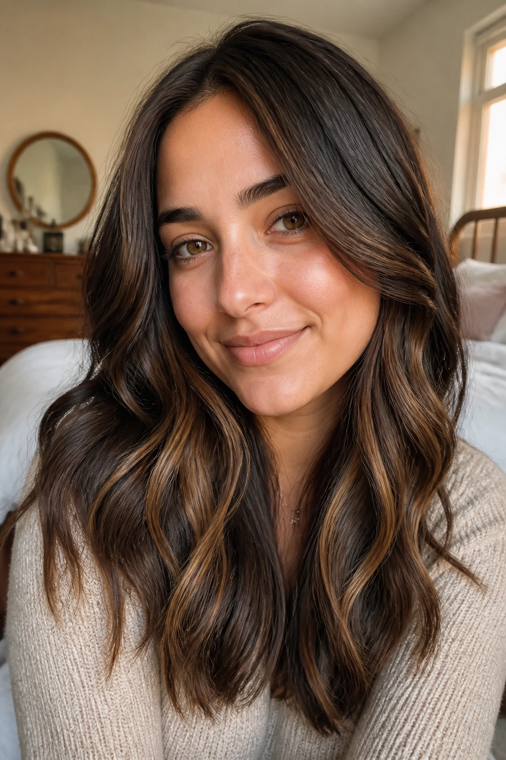 Close-up portrait of a real woman with mocha brown hair and caramel peekaboo layers in warm window light