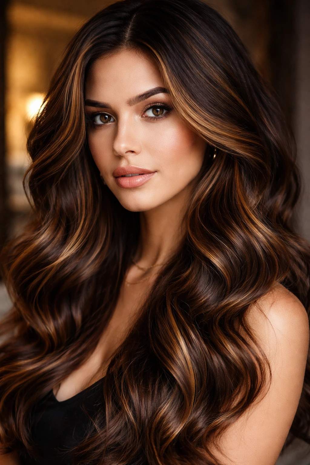 Brunette with deep mocha base and golden caramel ribbons in waves