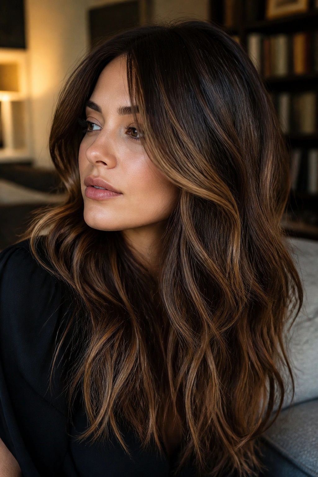 Close-up portrait of a real woman with mocha base hair and soft caramel veins weaving through