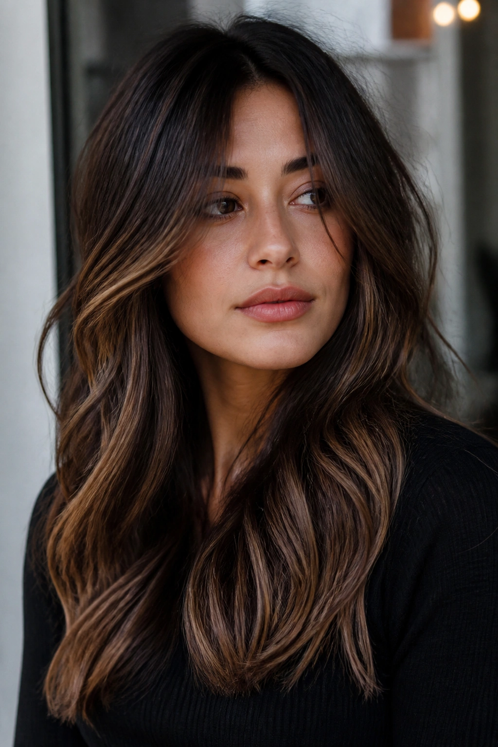 Close-up portrait of a real dark brunette with mocha chestnut melt.