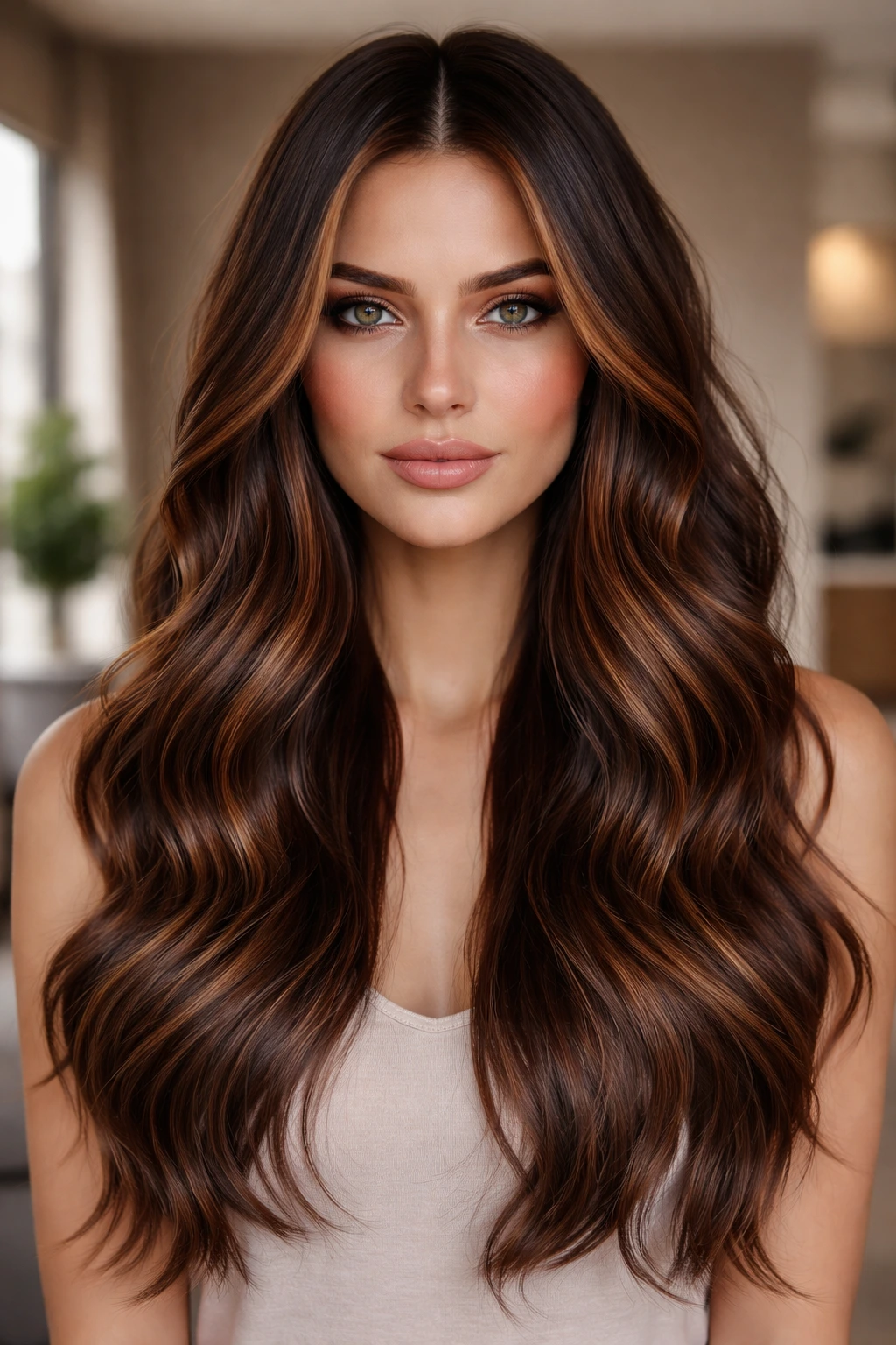 Close-up portrait of a real person with mocha hair and cinnamon highlights in natural daylight
