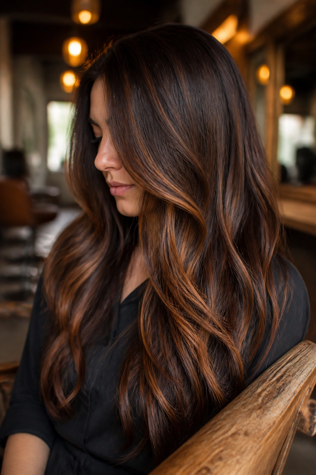 Close-up portrait of a real woman with mocha brown hair and cinnamon ribbons through mid-lengths