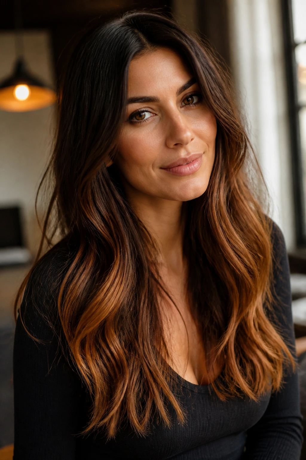 Close-up of mocha brown hair with cinnamon-tinted tips
