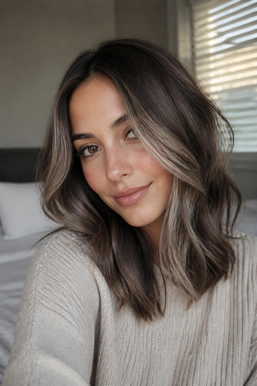 Close-up portrait of a real woman with Iced Mocha face-framing pieces on cool brunette hair in natural window light