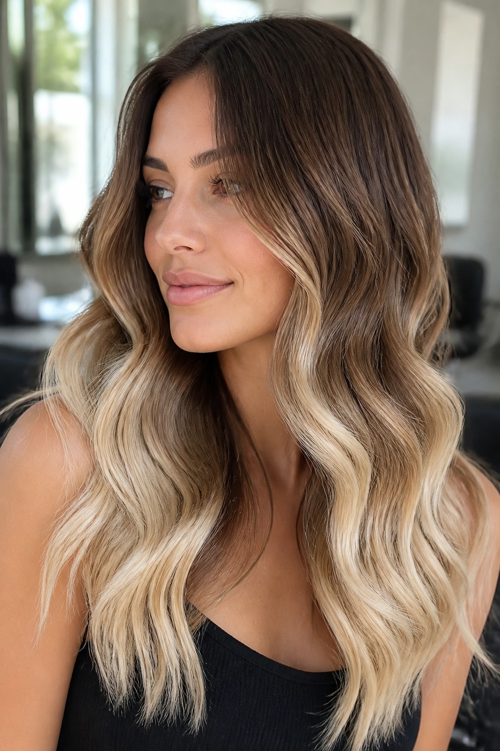 Close-up of real person with mocha to cream S-curve ombre on wavy hair