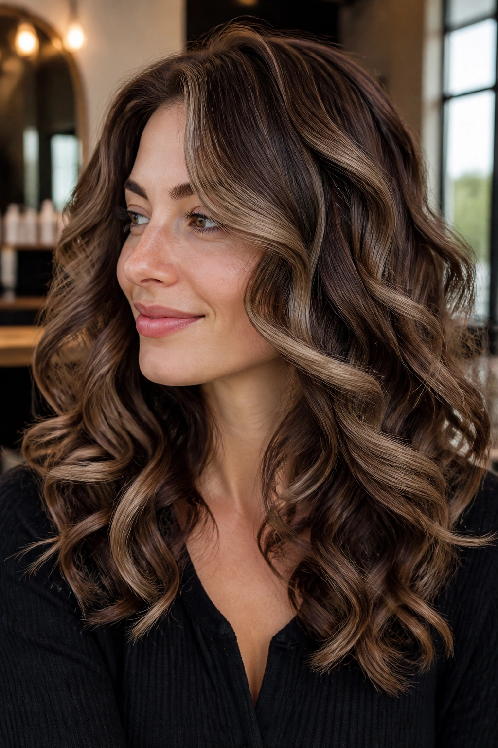 Close-up of a real woman with dimensional mocha curls and wide ribbons in the front