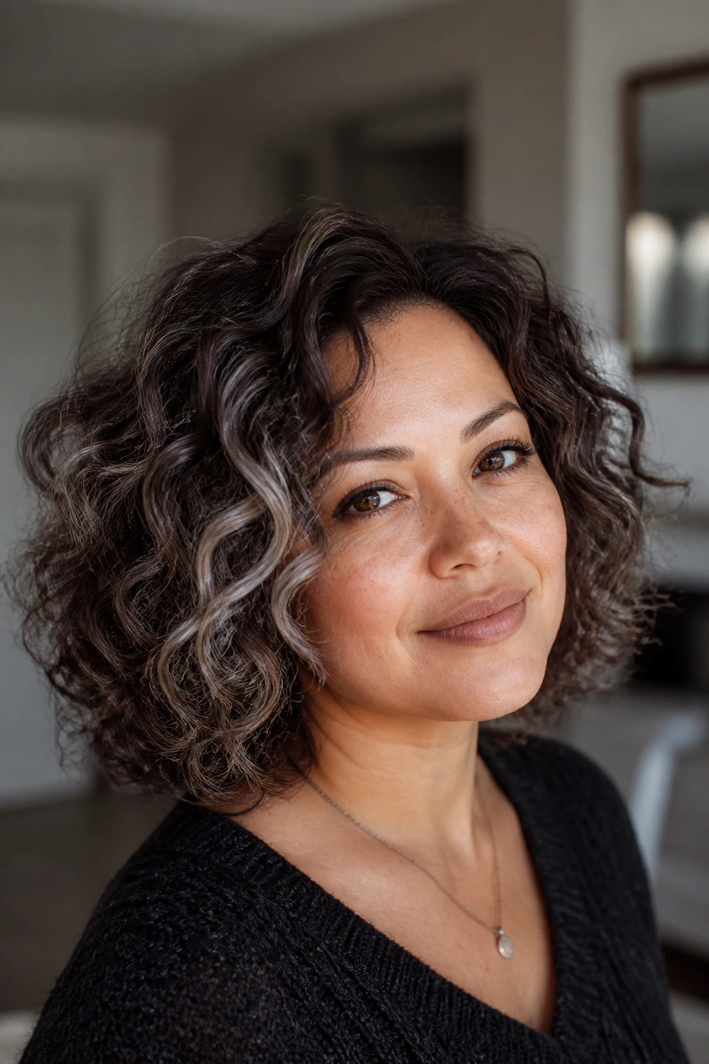Close-up of a real woman with mocha curls and silver dimension catching soft light.